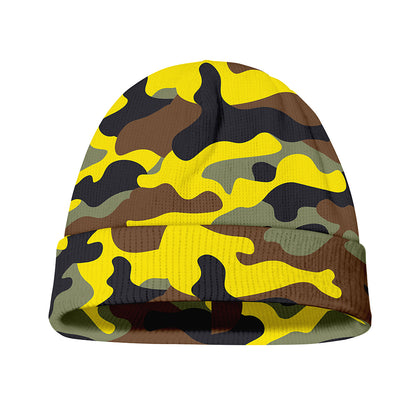 Yellow Brown And Black Camouflage Print Beanie