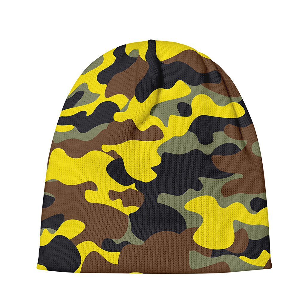 Yellow Brown And Black Camouflage Print Beanie