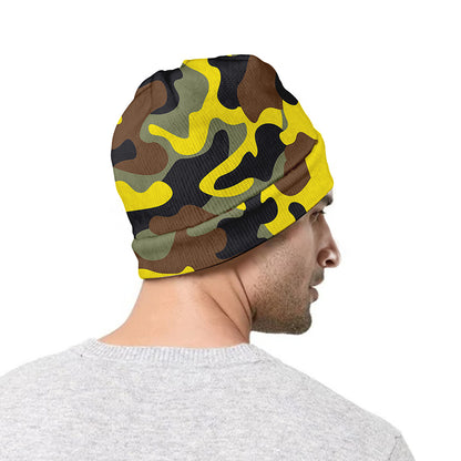Yellow Brown And Black Camouflage Print Beanie