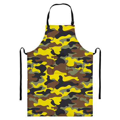 Yellow Brown And Black Camouflage Print Bib Apron With Pocket