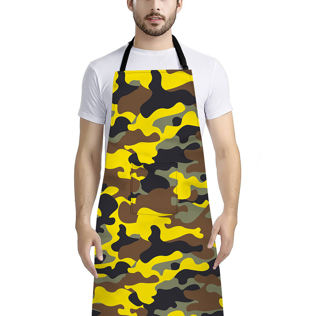 Yellow Brown And Black Camouflage Print Bib Apron With Pocket