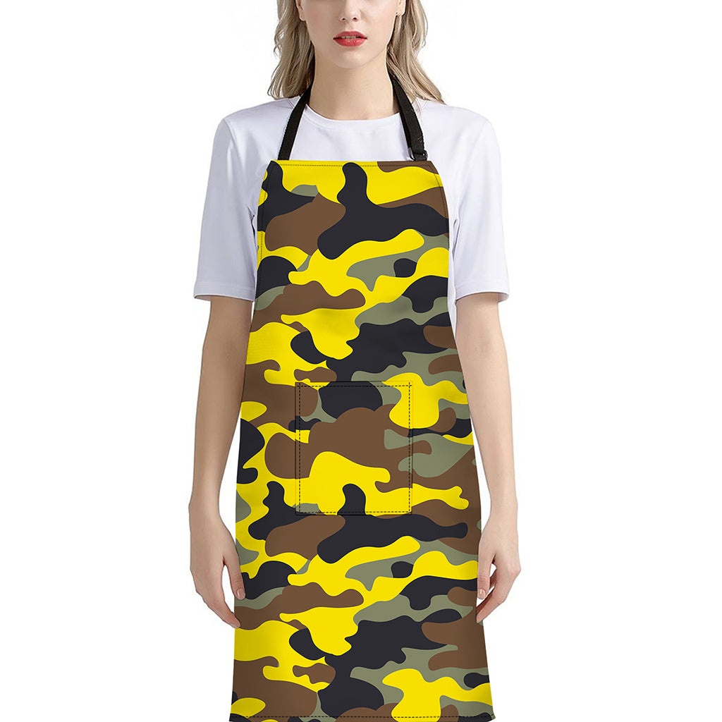 Yellow Brown And Black Camouflage Print Bib Apron With Pocket