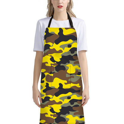 Yellow Brown And Black Camouflage Print Bib Apron With Pocket