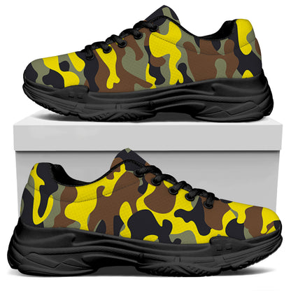 Yellow Brown And Black Camouflage Print Black Chunky Shoes