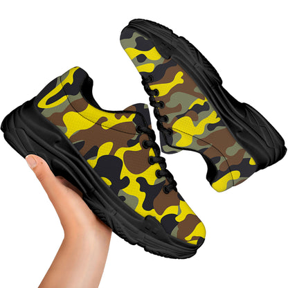 Yellow Brown And Black Camouflage Print Black Chunky Shoes