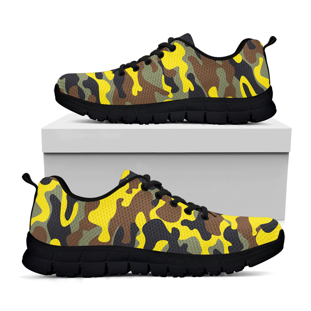 Yellow Brown And Black Camouflage Print Black Running Shoes