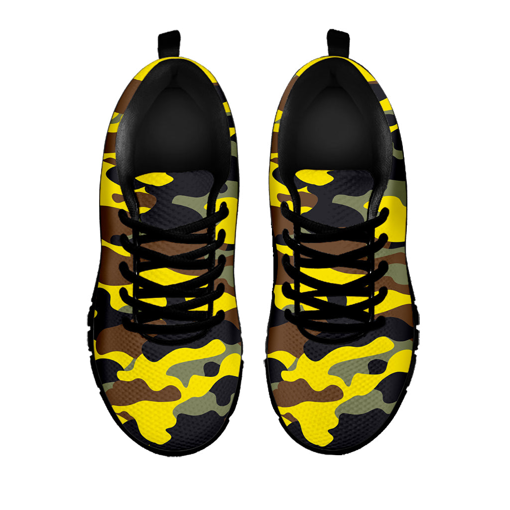 Yellow Brown And Black Camouflage Print Black Running Shoes