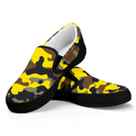 Yellow Brown And Black Camouflage Print Black Slip On Sneakers