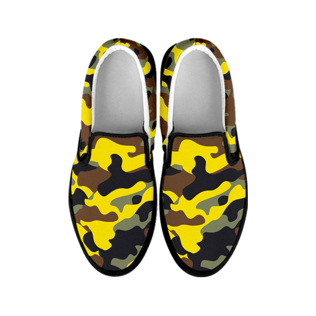 Yellow Brown And Black Camouflage Print Black Slip On Sneakers