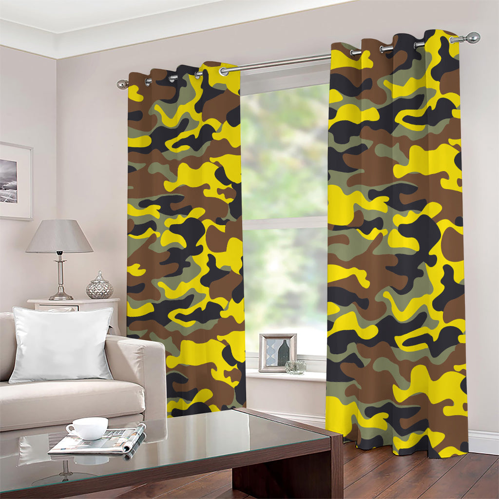Yellow Brown And Black Camouflage Print Blackout Grommet Curtains