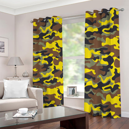 Yellow Brown And Black Camouflage Print Blackout Grommet Curtains