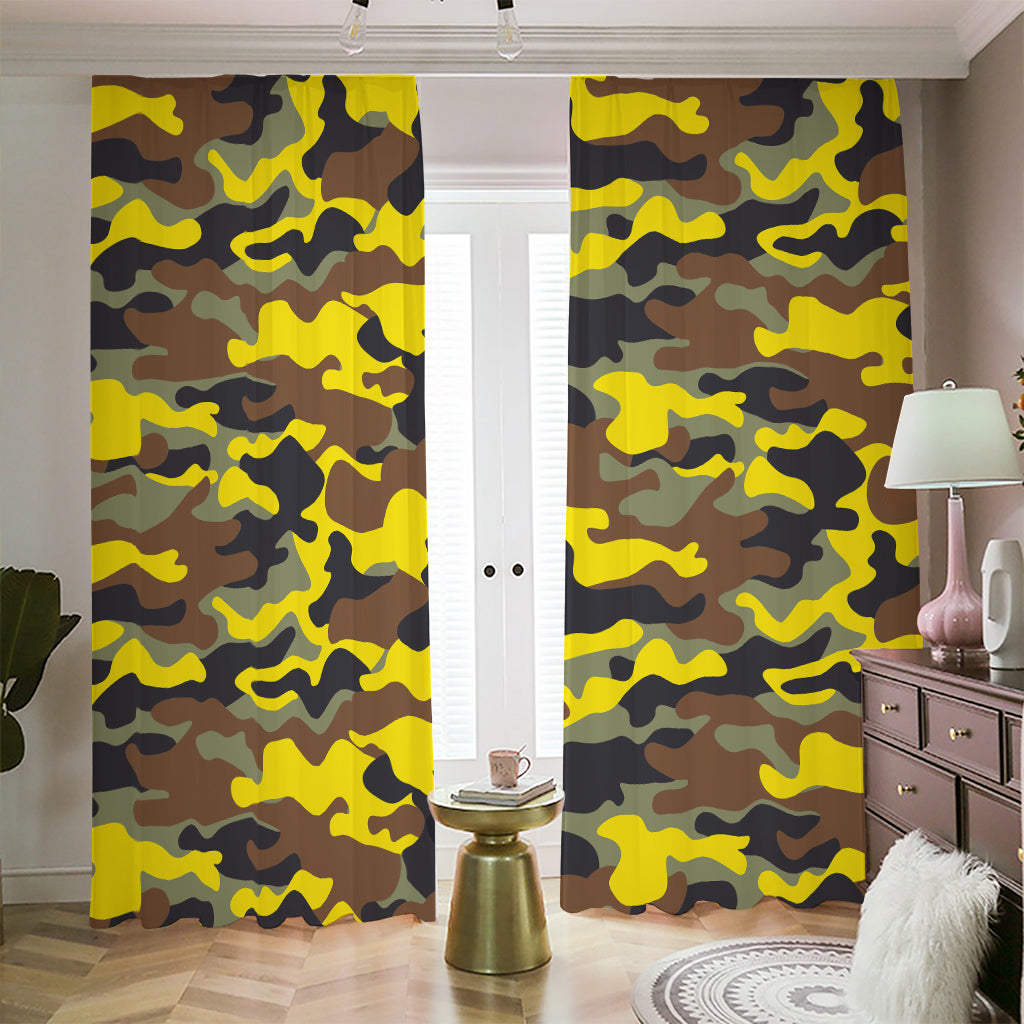 Yellow Brown And Black Camouflage Print Blackout Pencil Pleat Curtains