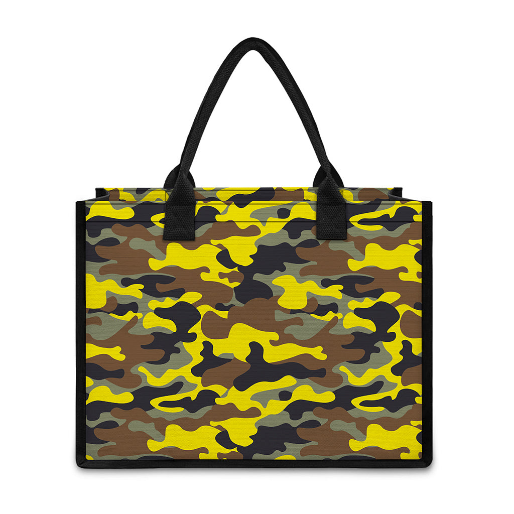 Yellow Brown And Black Camouflage Print Canvas Tote Bag