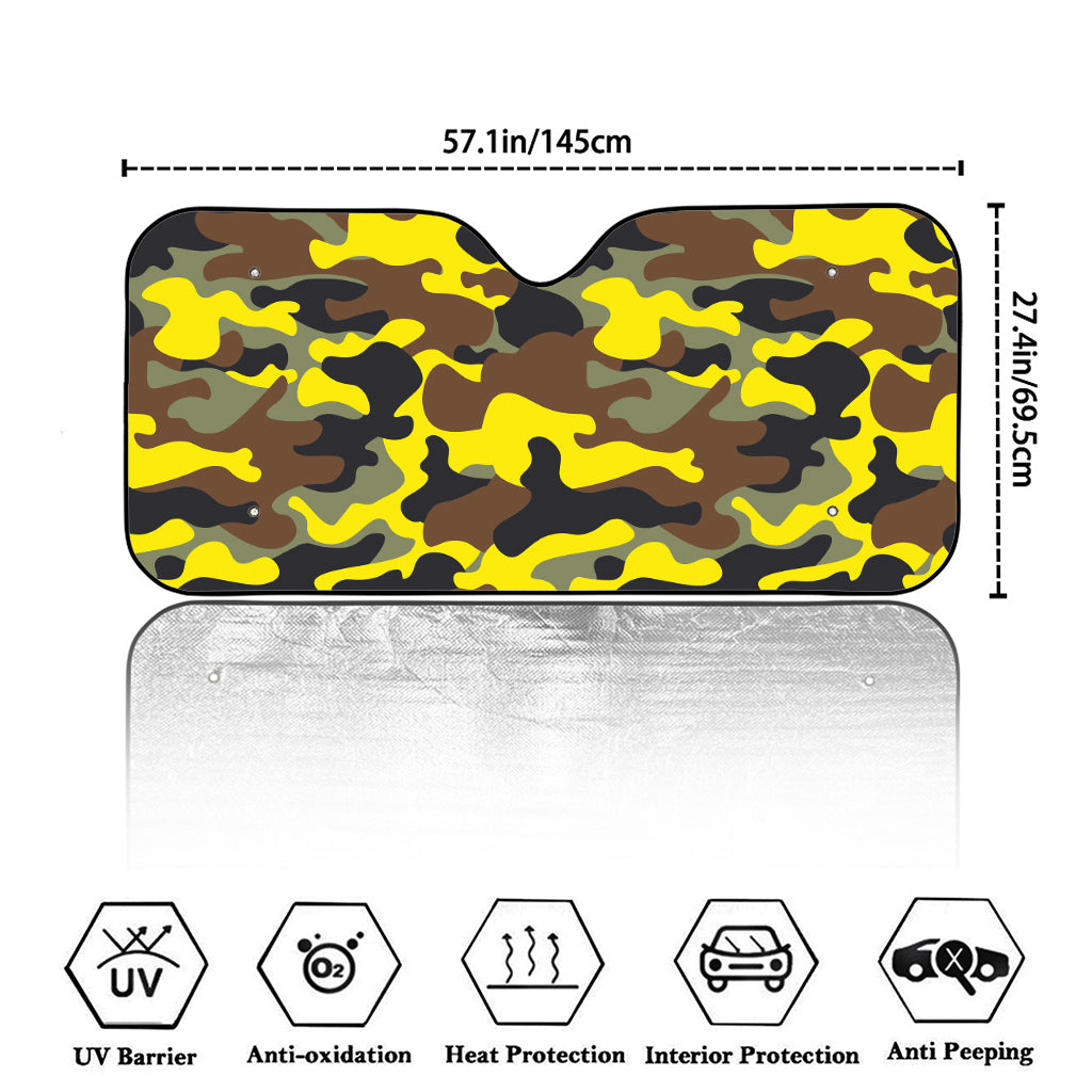 Yellow Brown And Black Camouflage Print Car Windshield Sun Shade