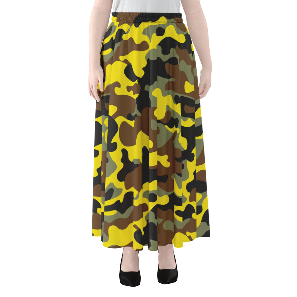 Yellow Brown And Black Camouflage Print Chiffon Maxi Skirt