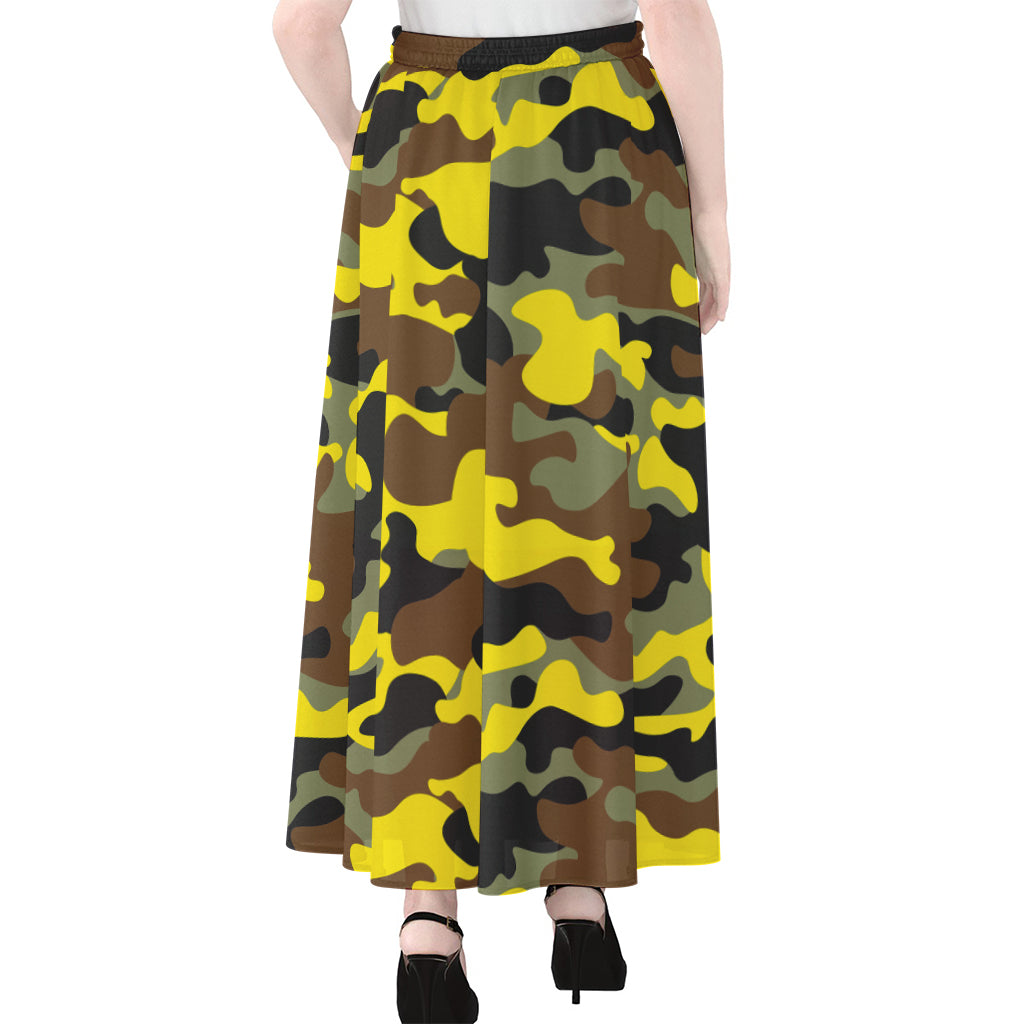 Yellow Brown And Black Camouflage Print Chiffon Maxi Skirt