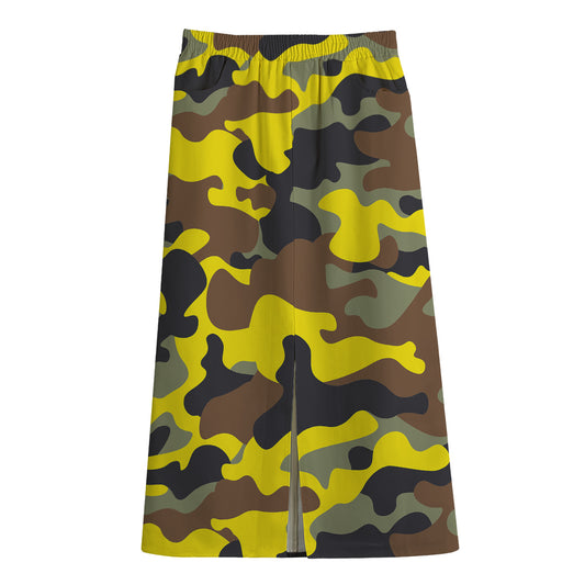 Yellow Brown And Black Camouflage Print Cotton Front Slit Maxi Skirt
