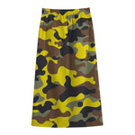 Yellow Brown And Black Camouflage Print Cotton Front Slit Maxi Skirt