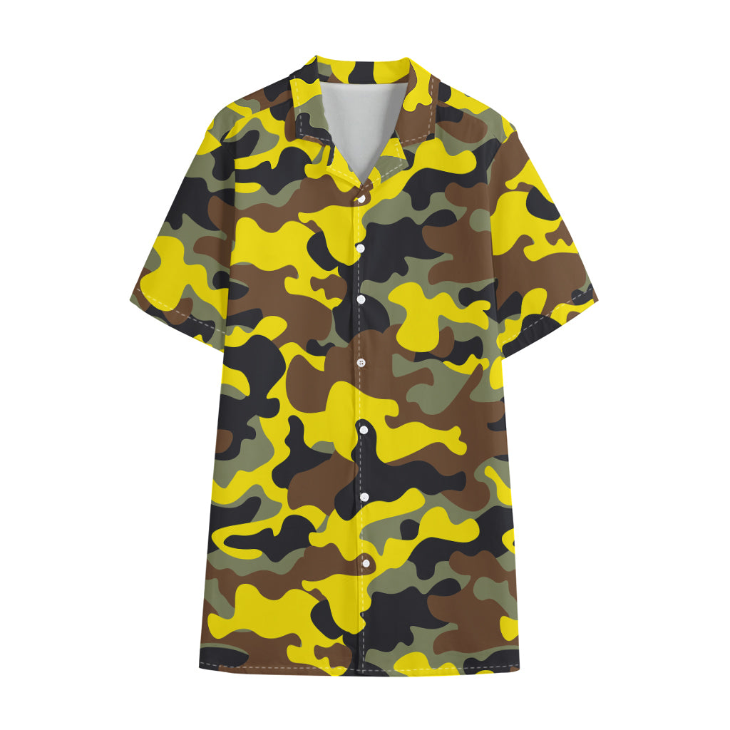 Yellow Brown And Black Camouflage Print Cotton Hawaiian Shirt