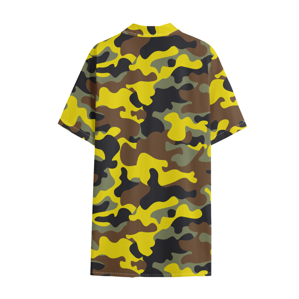 Yellow Brown And Black Camouflage Print Cotton Hawaiian Shirt