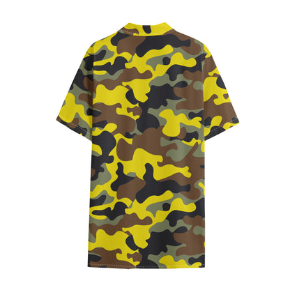 Yellow Brown And Black Camouflage Print Cotton Hawaiian Shirt