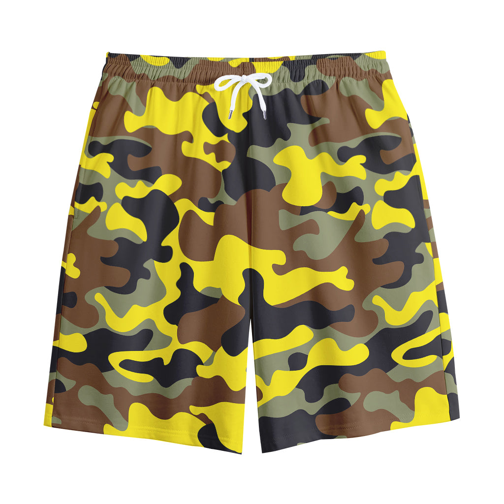 Yellow Brown And Black Camouflage Print Cotton Shorts