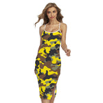 Yellow Brown And Black Camouflage Print Cross Back Cami Dress