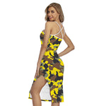 Yellow Brown And Black Camouflage Print Cross Back Cami Dress