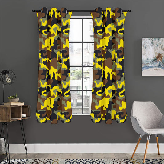 Yellow Brown And Black Camouflage Print Curtain