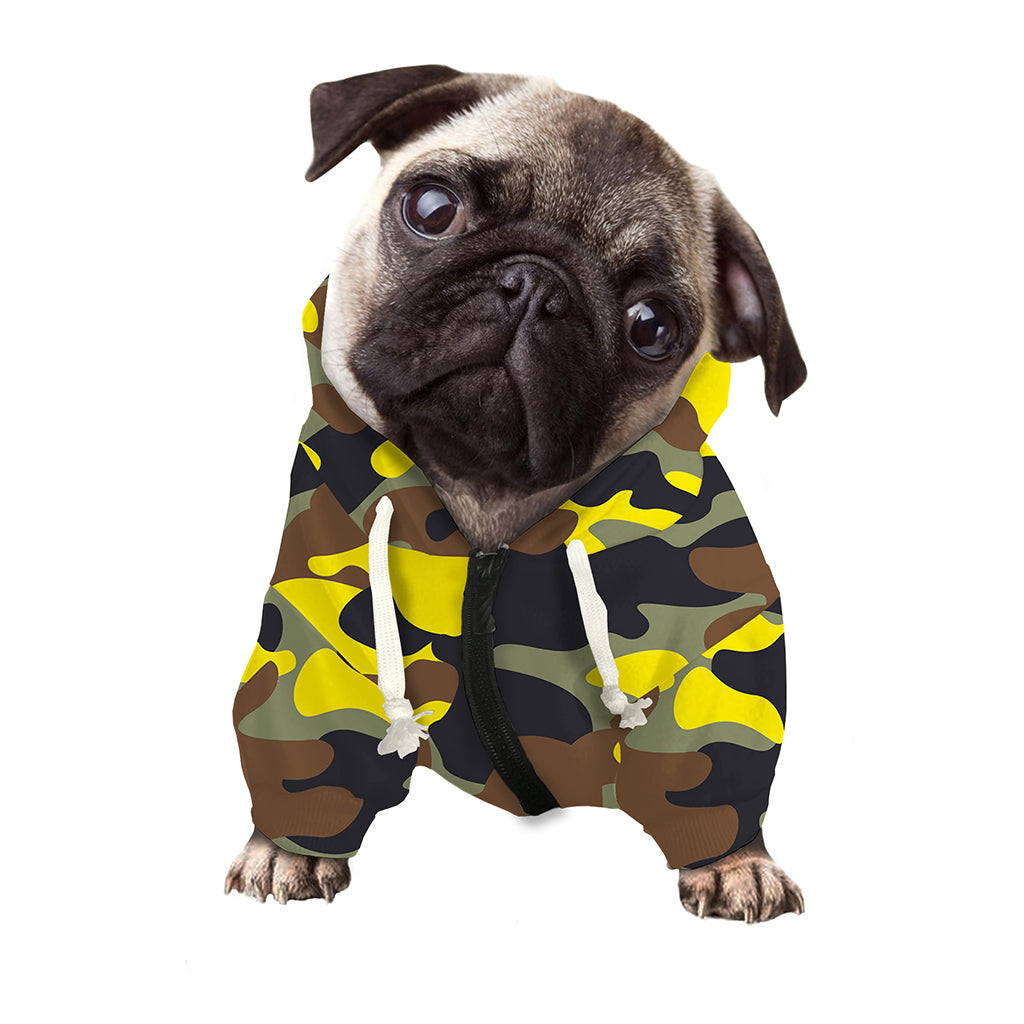 Yellow Brown And Black Camouflage Print Dog Zip Up Hoodie