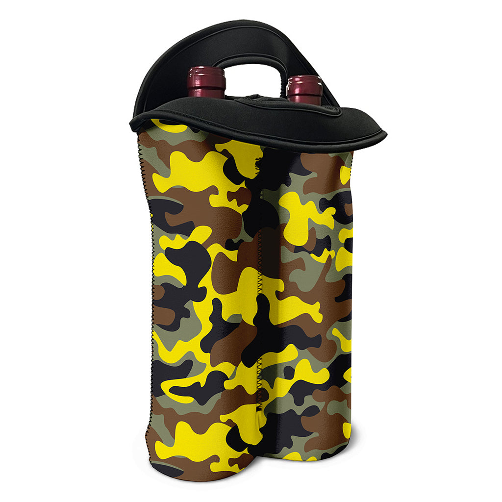 Yellow Brown And Black Camouflage Print Double Neoprene Wine Tote