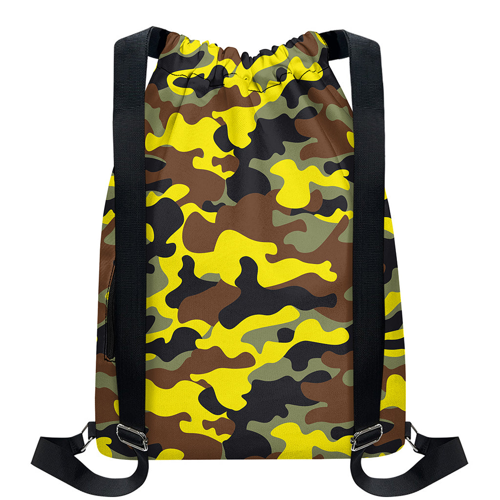 Yellow Brown And Black Camouflage Print Drawstring Backpack