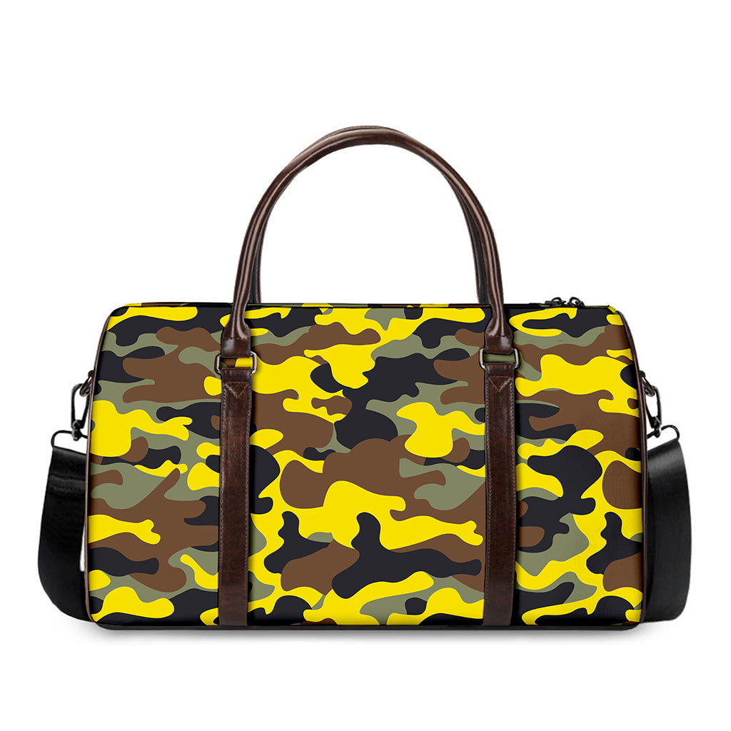 Yellow Brown And Black Camouflage Print Duffle Bag
