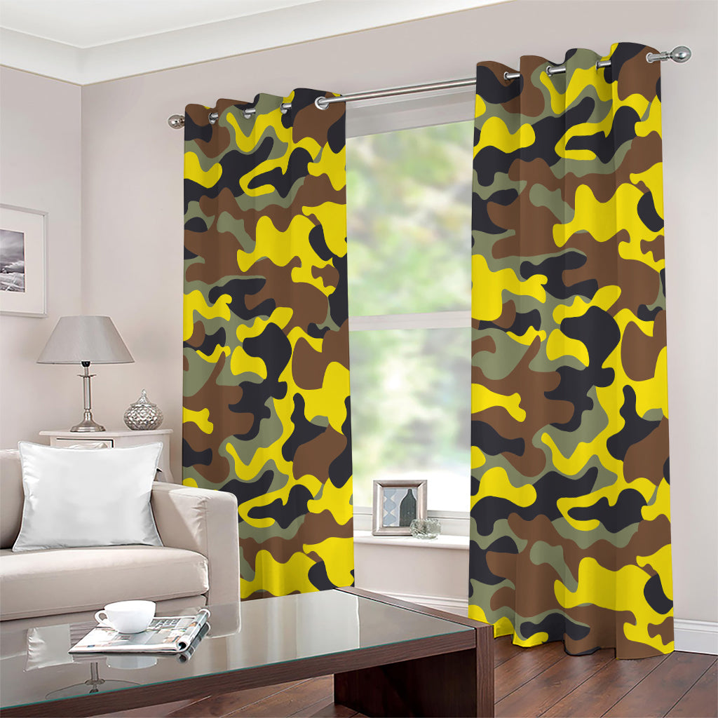 Yellow Brown And Black Camouflage Print Extra Wide Grommet Curtains