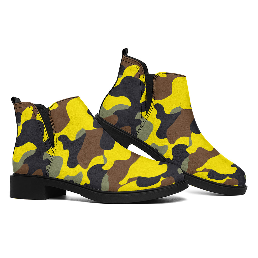 Yellow Brown And Black Camouflage Print Flat Ankle Boots