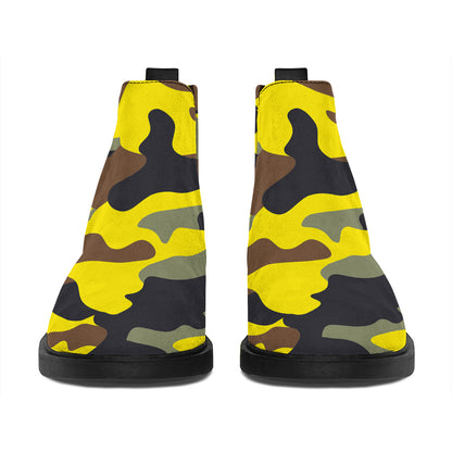 Yellow Brown And Black Camouflage Print Flat Ankle Boots