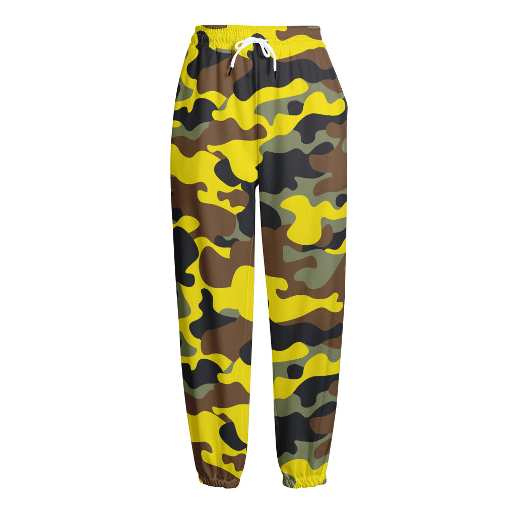 Yellow Brown And Black Camouflage Print Fleece Lined Knit Pants