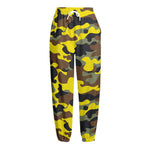 Yellow Brown And Black Camouflage Print Fleece Lined Knit Pants