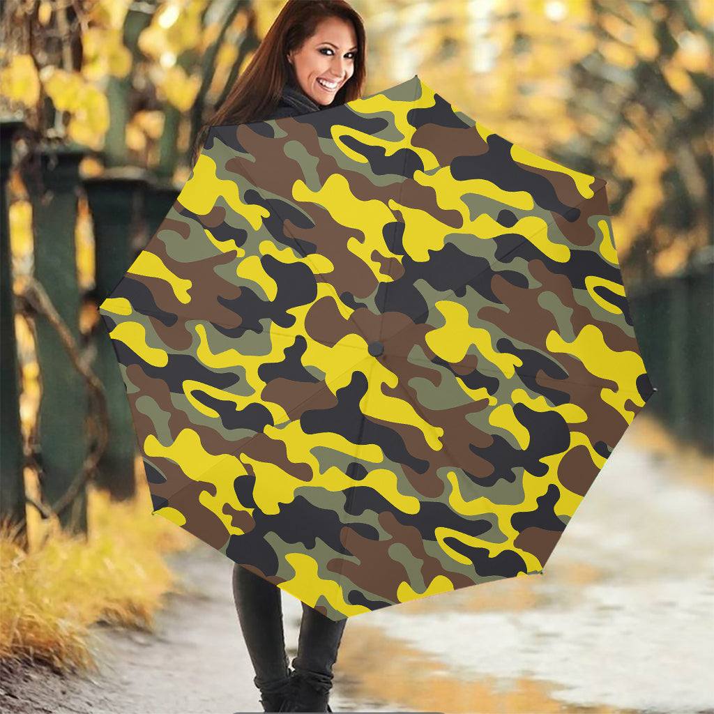 Yellow Brown And Black Camouflage Print Foldable Umbrella