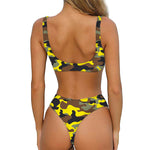 Yellow Brown And Black Camouflage Print Front Bow Tie Bikini