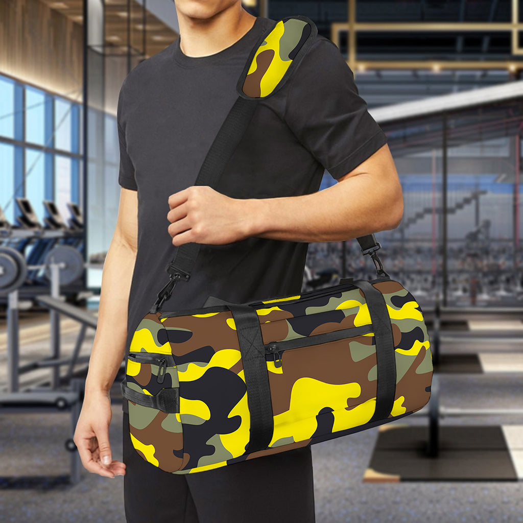 Yellow Brown And Black Camouflage Print Gym Bag