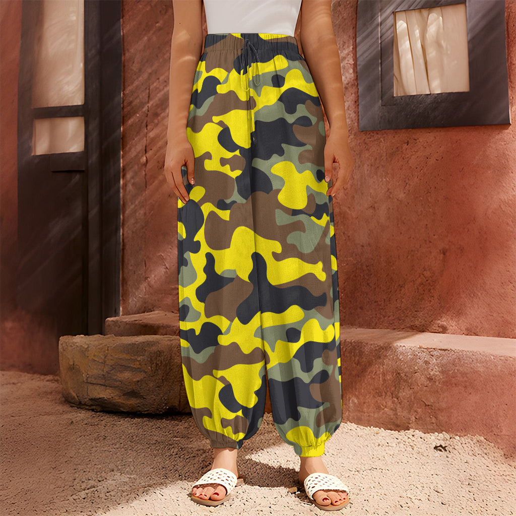 Yellow Brown And Black Camouflage Print Harem Pants