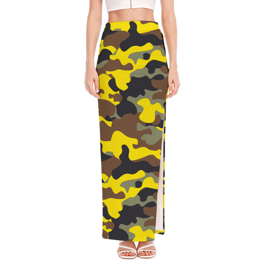 Yellow Brown And Black Camouflage Print High Slit Maxi Skirt