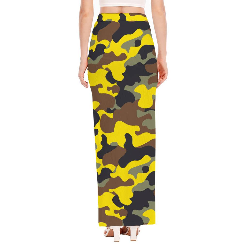 Yellow Brown And Black Camouflage Print High Slit Maxi Skirt