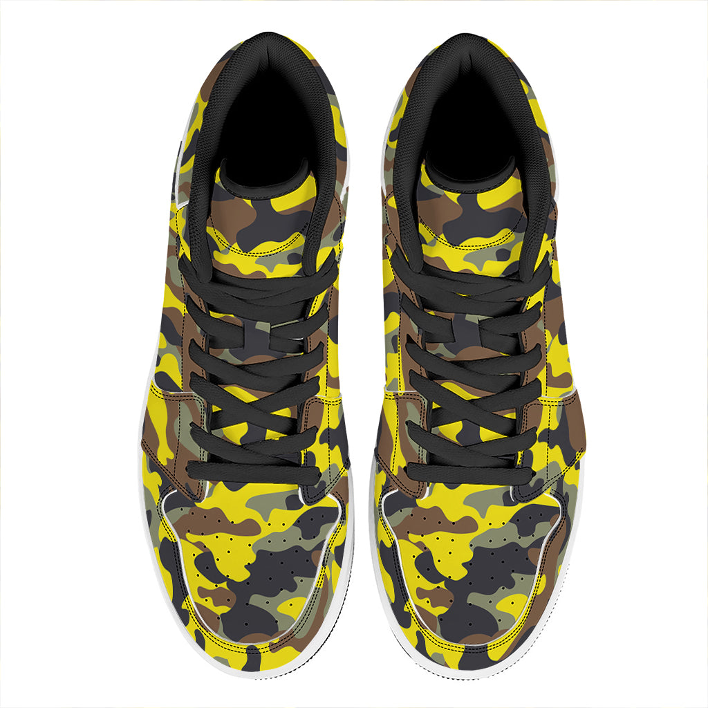Yellow Brown And Black Camouflage Print High Top Leather Sneakers