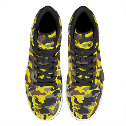 Yellow Brown And Black Camouflage Print High Top Leather Sneakers