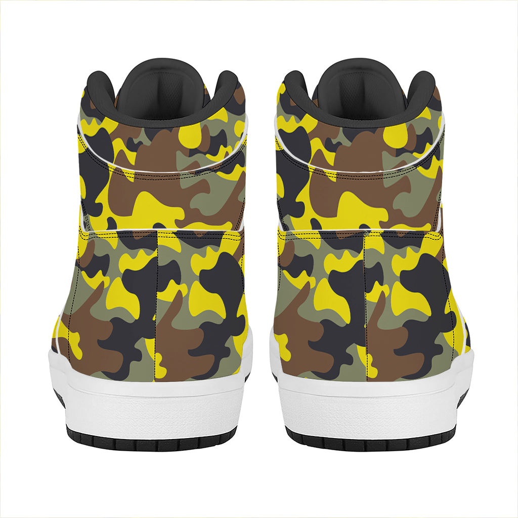 Yellow Brown And Black Camouflage Print High Top Leather Sneakers