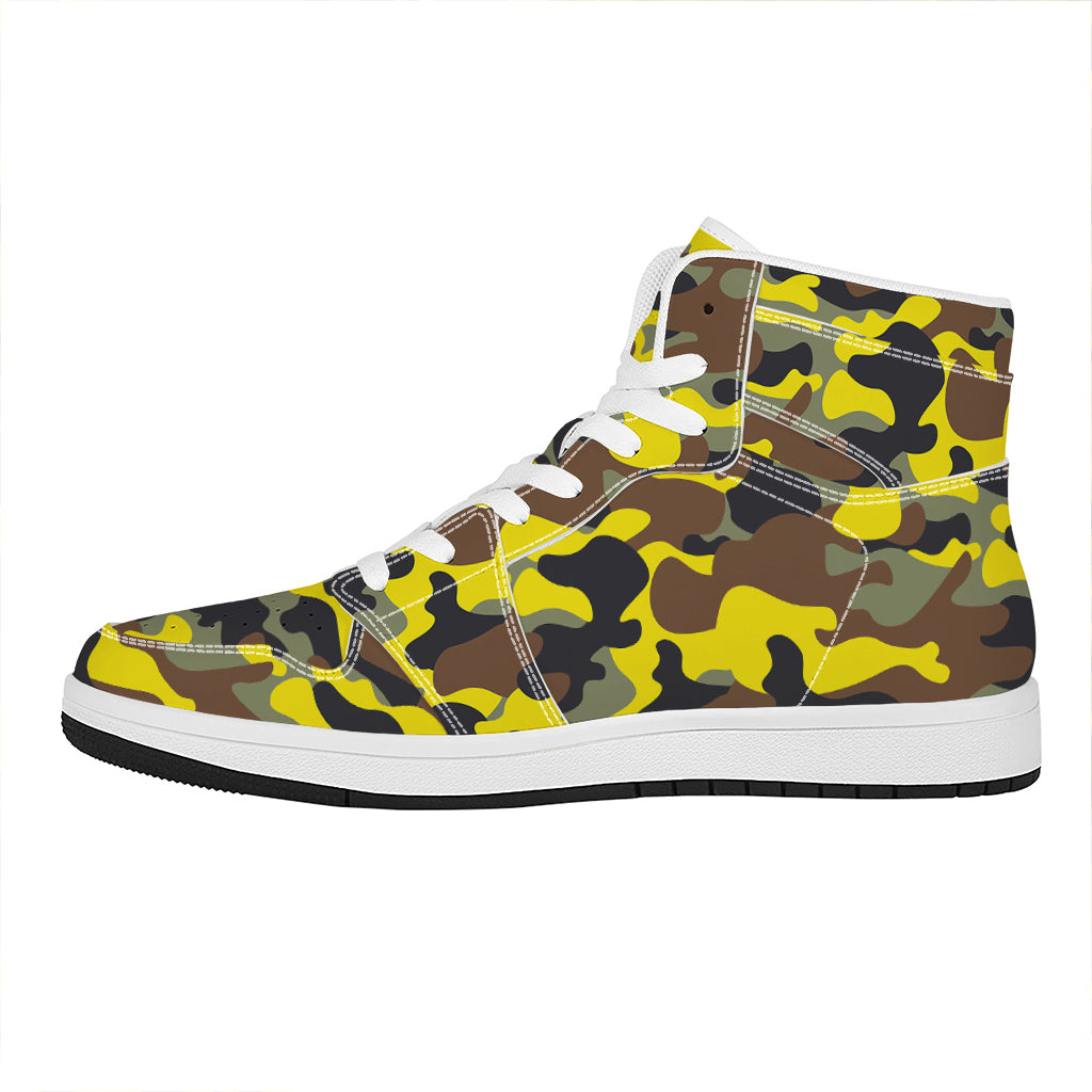 Yellow Brown And Black Camouflage Print High Top Leather Sneakers