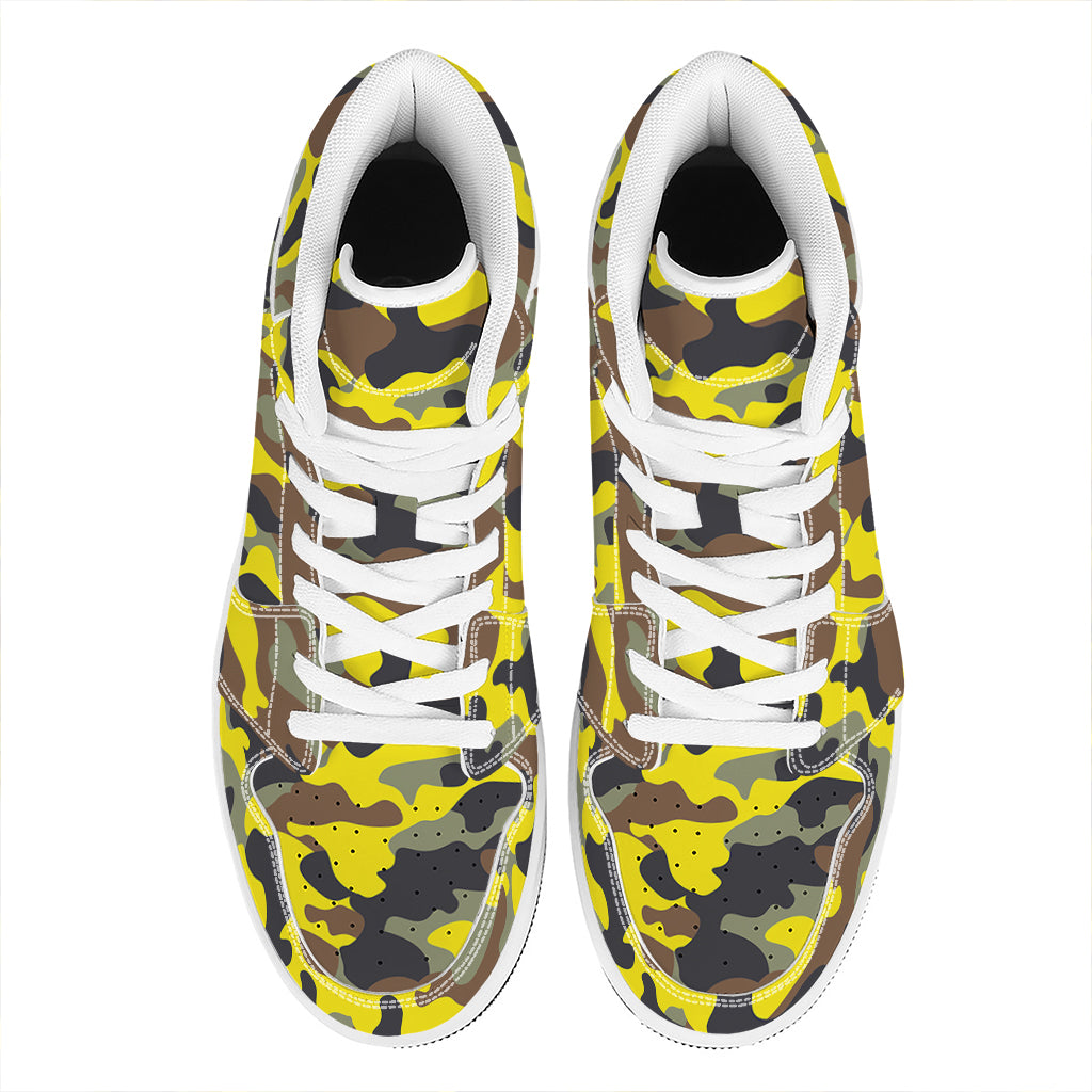 Yellow Brown And Black Camouflage Print High Top Leather Sneakers