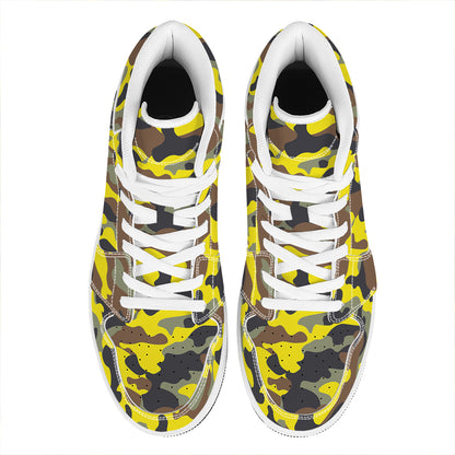 Yellow Brown And Black Camouflage Print High Top Leather Sneakers